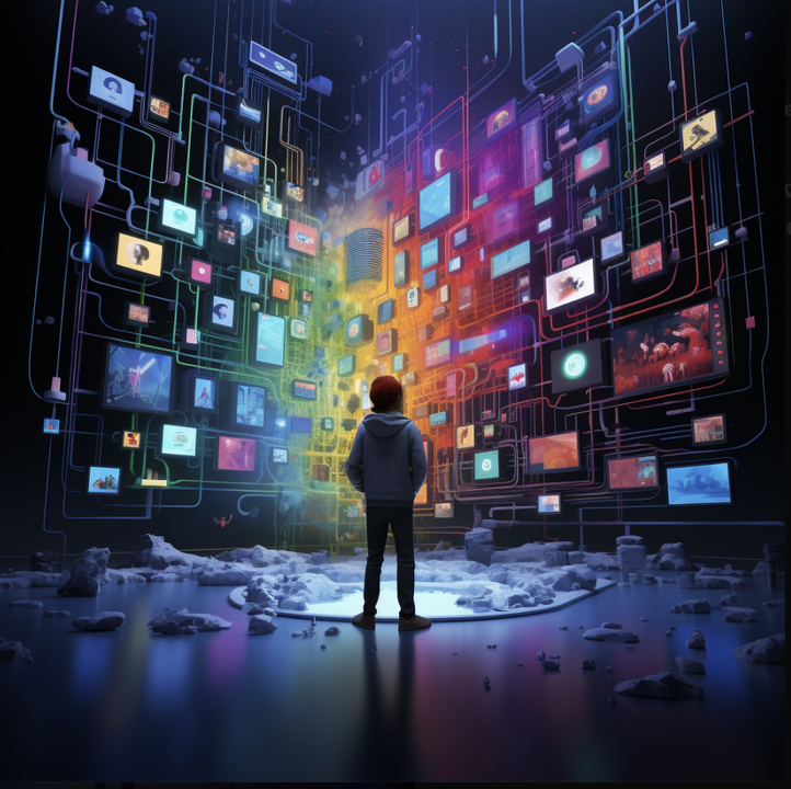 Artistic representation of a child standing in front of a wall of interconnected digital monitors.